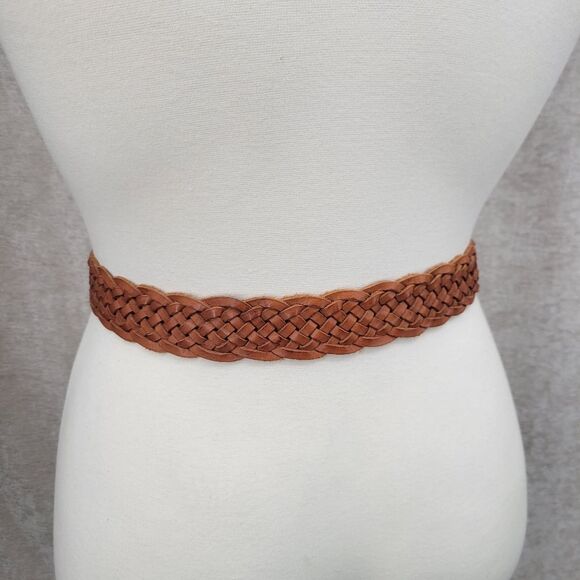 Buckle Braided Woven Tan Leather Belt with Decorative Brass Toned Buckle - Picture 5 of 14